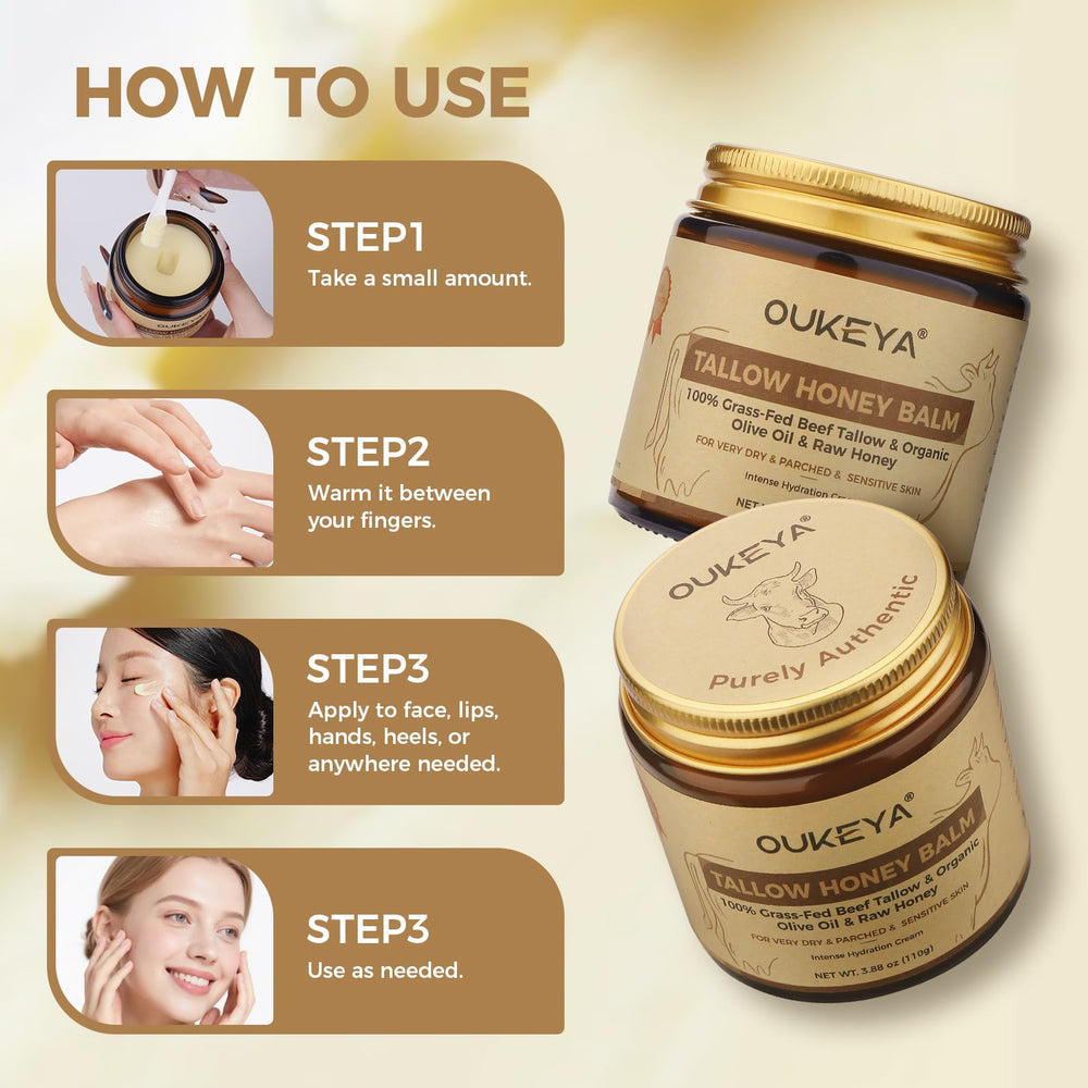 OUKEYA Tallow and Honey bottle and jar view emphasizes versatility