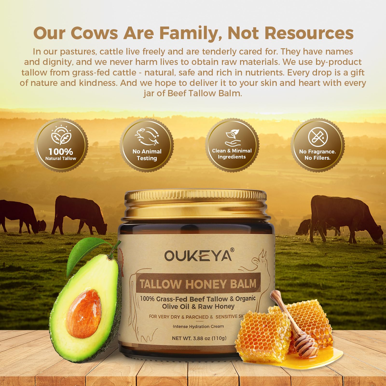OUKEYA Tallow and Honey face application closeup demonstrates melt-in hydration