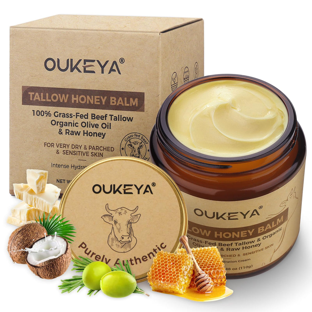 OUKEYA Tallow and Honey moisturizer jar closeup showing creamy texture for sensitive skin