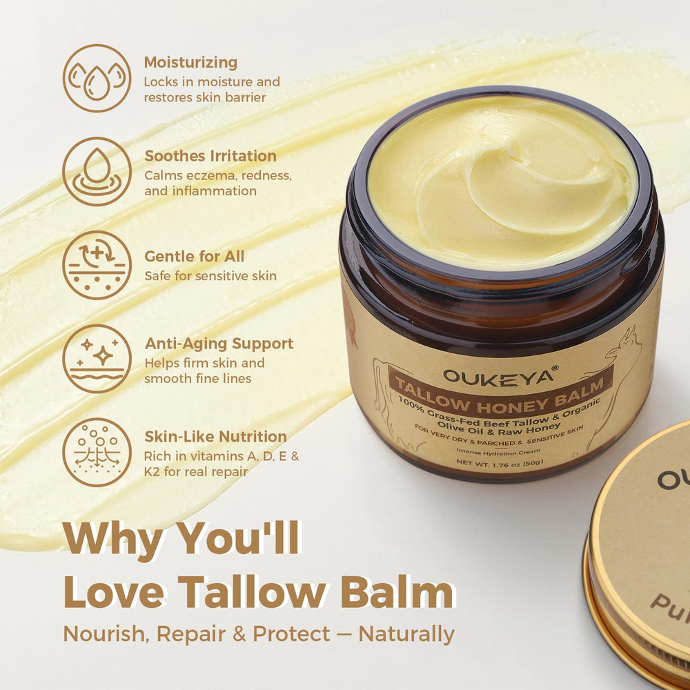 OUKEYA Tallow and Honey organic honey and grass-fed tallow ingredients highlight natural skincare