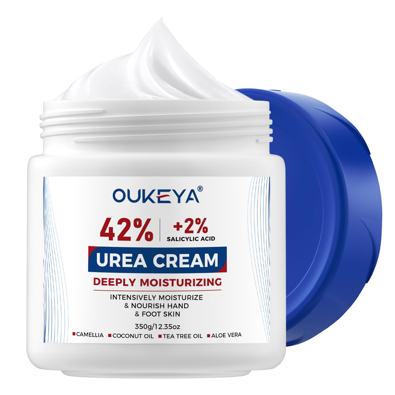 OUKEYA Urea Cream jar close-up showing 42% urea and 2% salicylic acid for dry skin relief