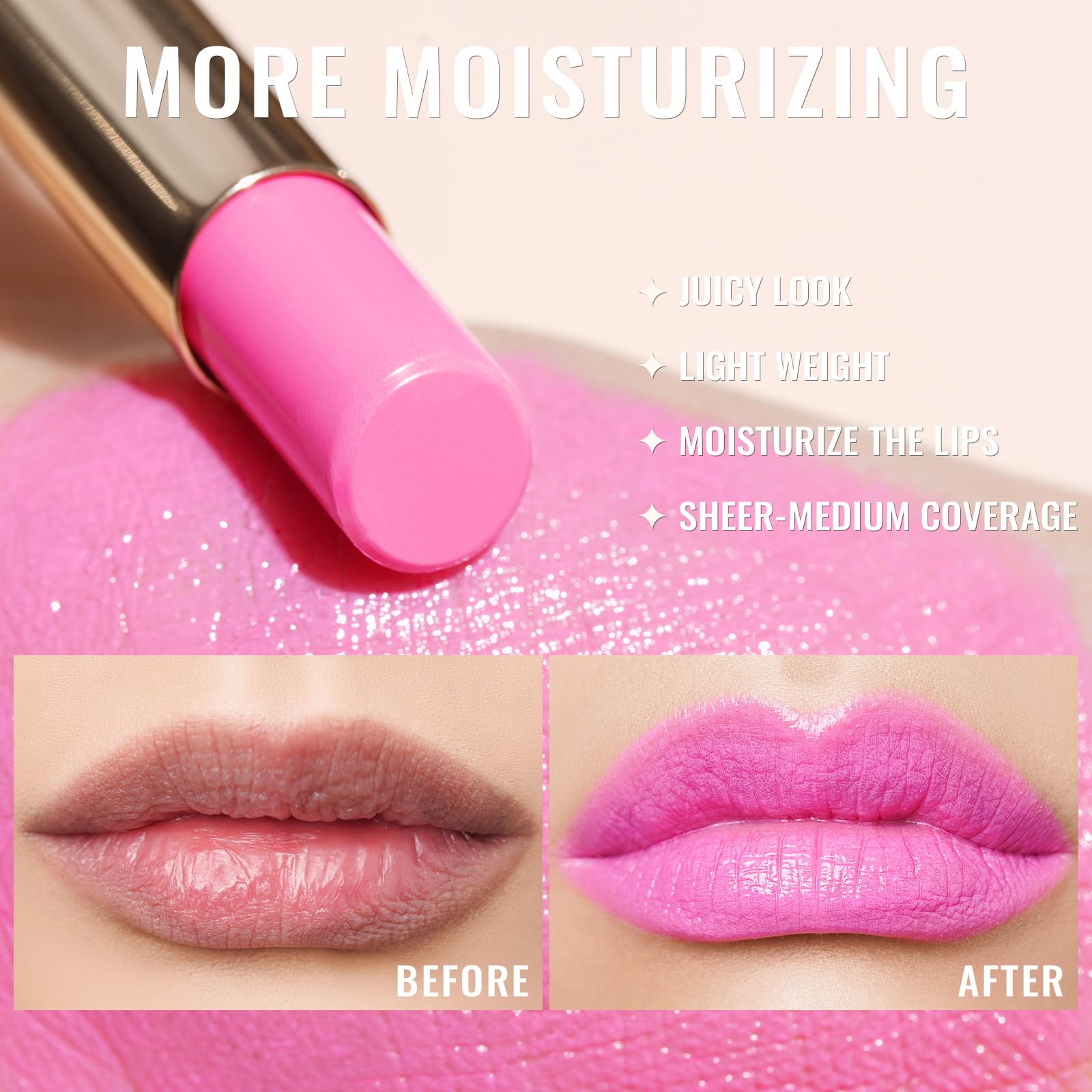 Close-up of Oulac glossy finish on lips highlighting vivid pink hue.