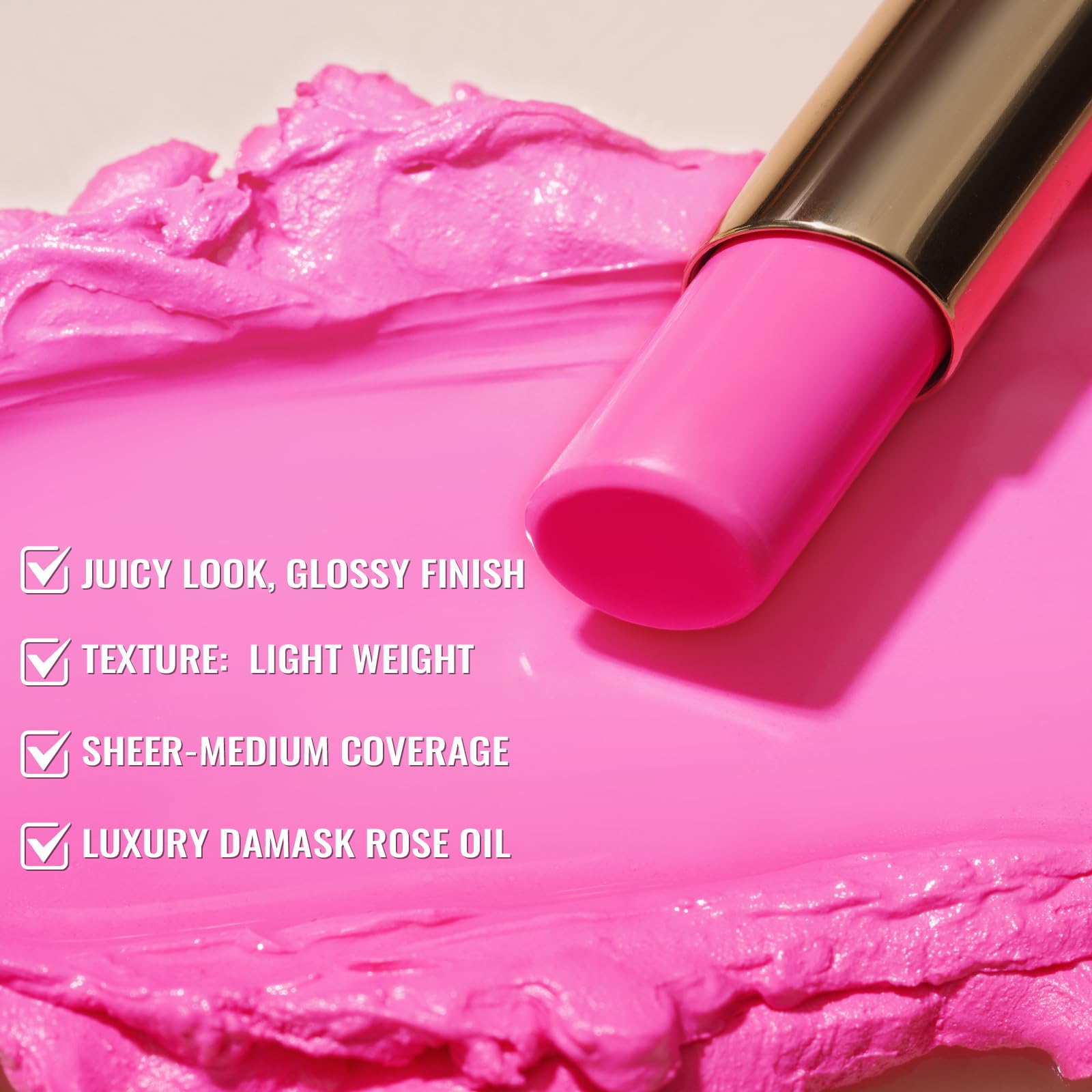 Applying Oulac pink lipstick for a smooth, shiny lip look.