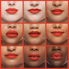 Oulac Long-lasting orange-red lipstick demonstrating transfer resistance