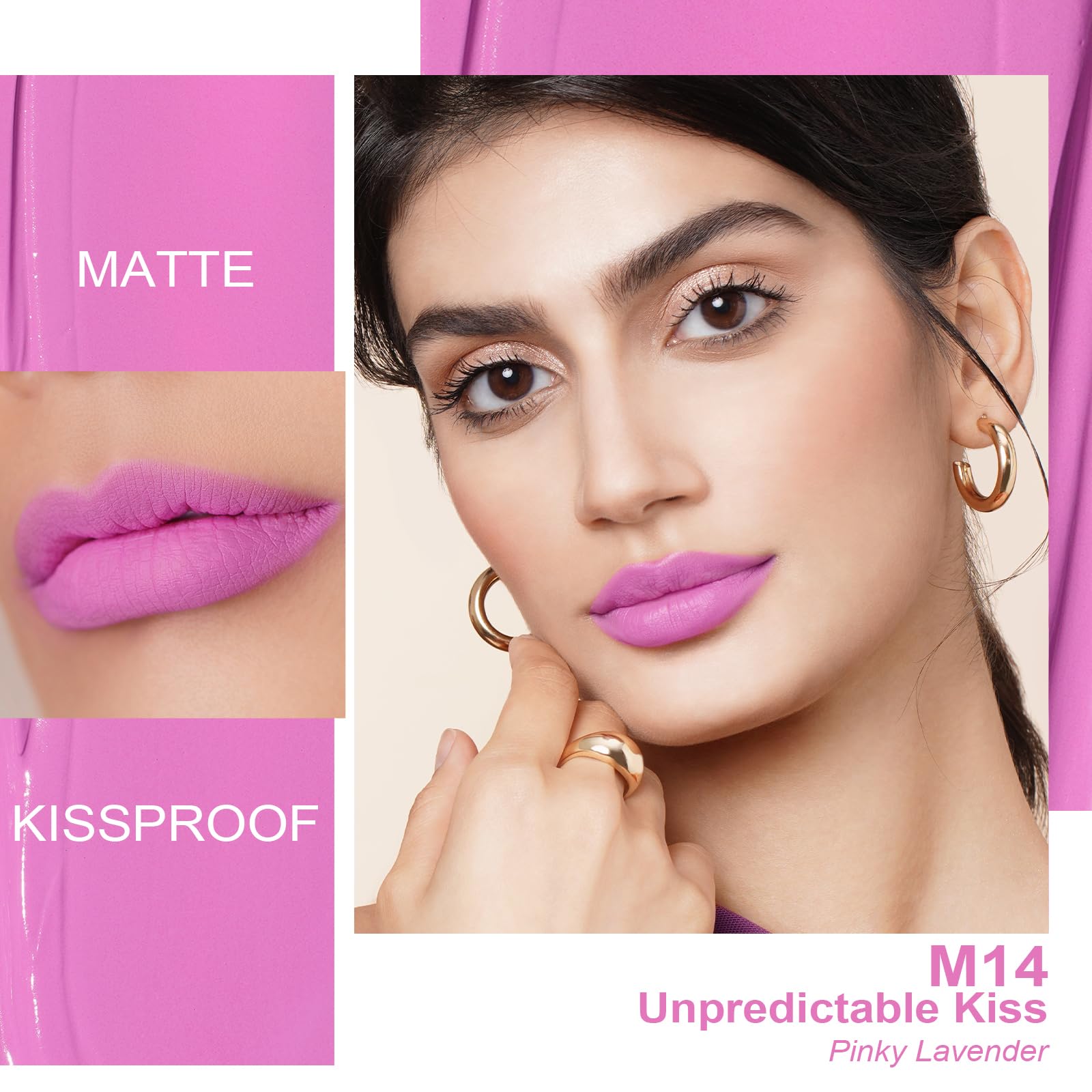 Oulac pinky purple lip color on lips with creamy finish