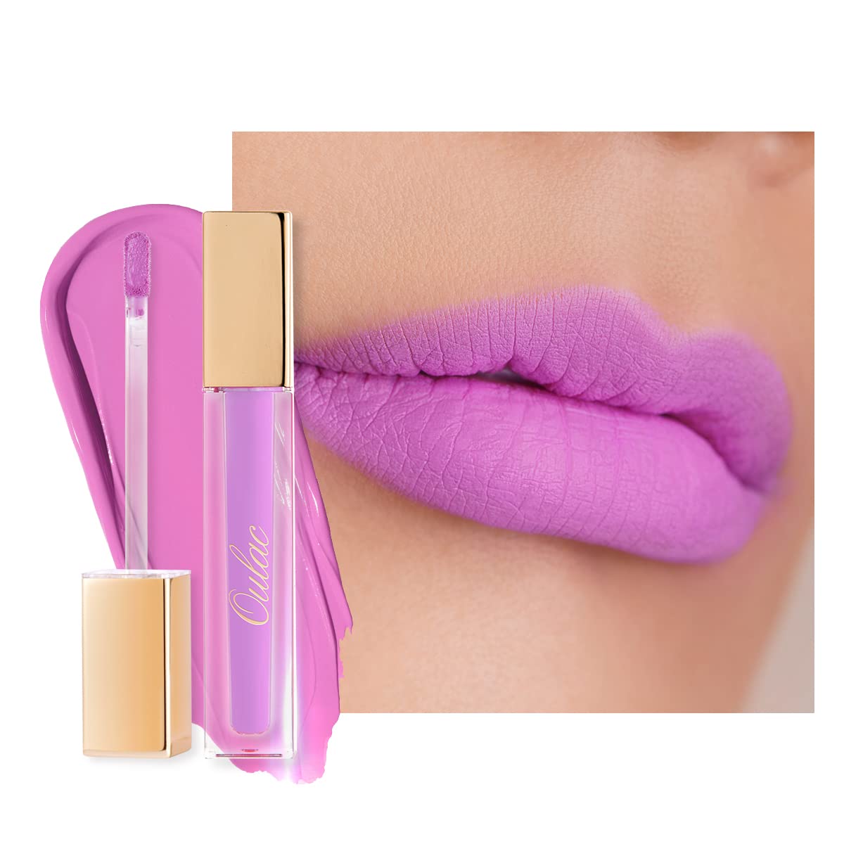 Oulac pinky purple matte lipstick swatch showing long-lasting color
