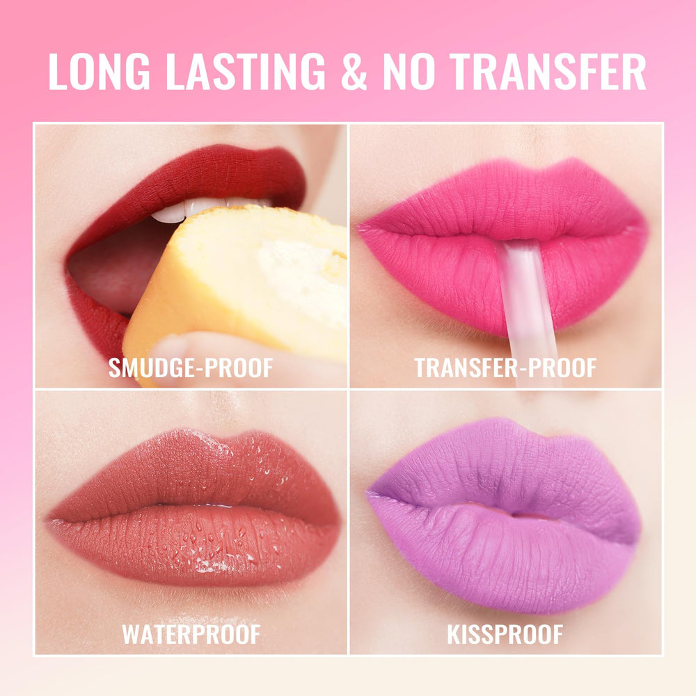 Close-up of Oulac pinky purple lipstick texture with full coverage