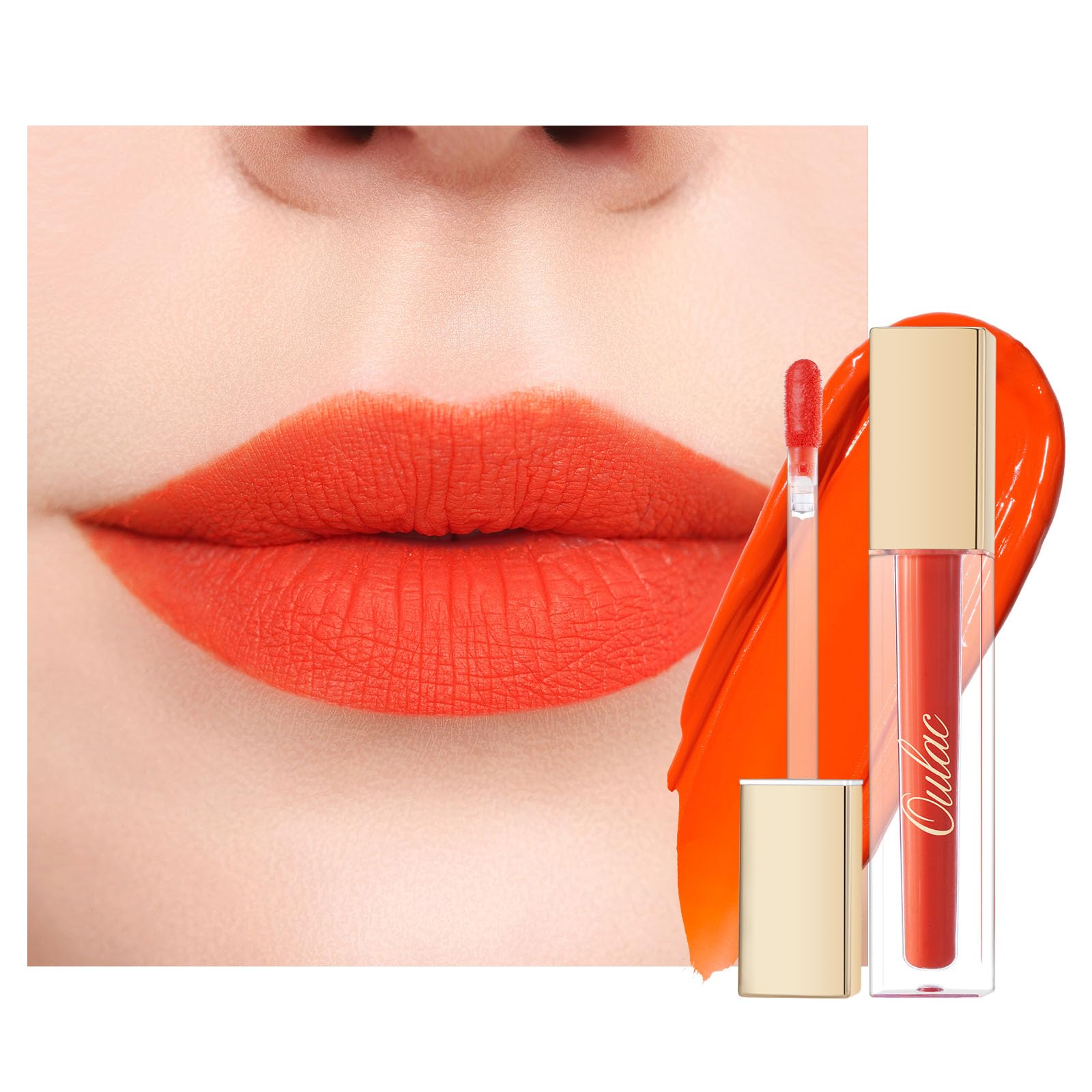 Oulac Matte Liquid Orange Lipstick bottle and swatch showing vibrant orange-red color and long-lasting wear