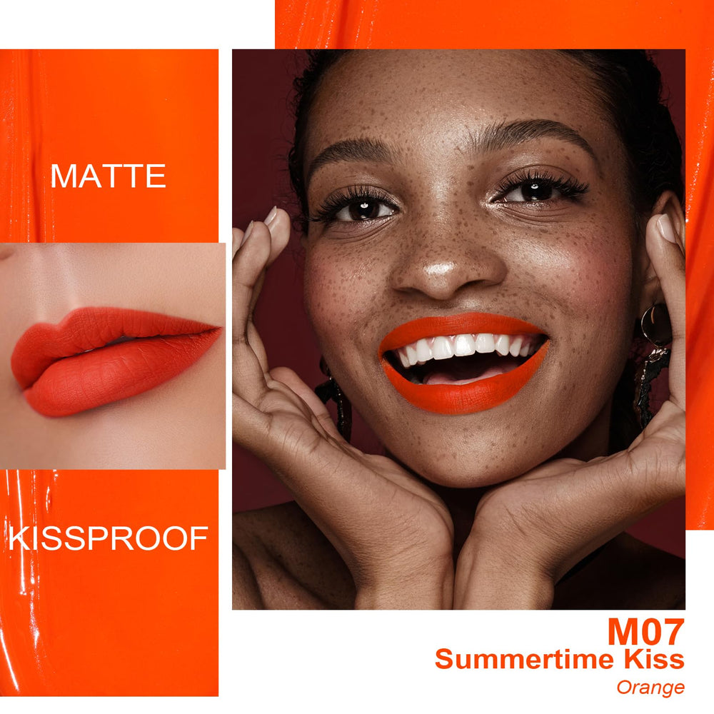 Oulac Matte Liquid Orange Lipstick swatch highlights transfer-proof finish for all-day wear