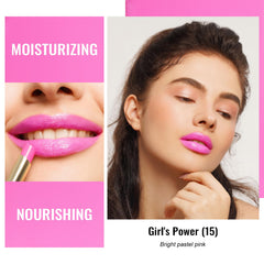 Oulac pink lipstick swatch delivering instant color and glassy shine on lips.