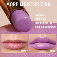 Oulac Pinky Purple lipstick being applied on lips shows sheer tint and glow.