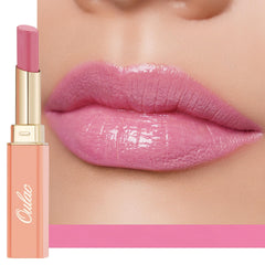 Oulac Warm Pink Shine lipstick tube closeup showing creamy texture and lasting gloss