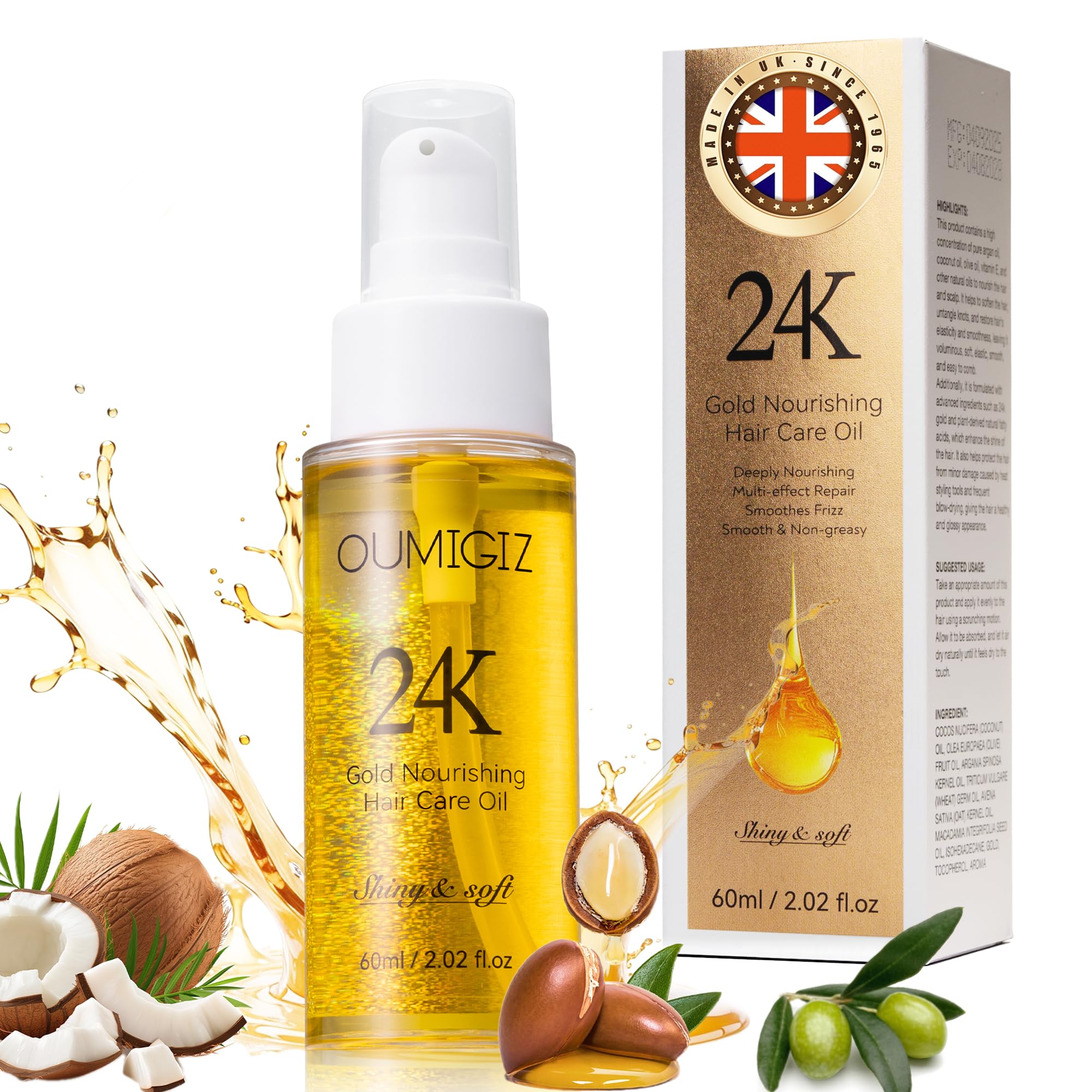 Oumigiz 24K Gold Hair Oil bottle front shows premium vegan formula for shine.