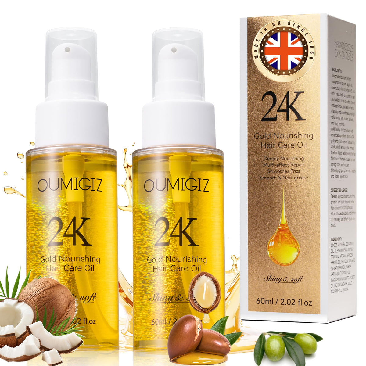 OUMIGIZ 24K Gold Hair Oil bottle with premium packaging emphasizing luxury shine.