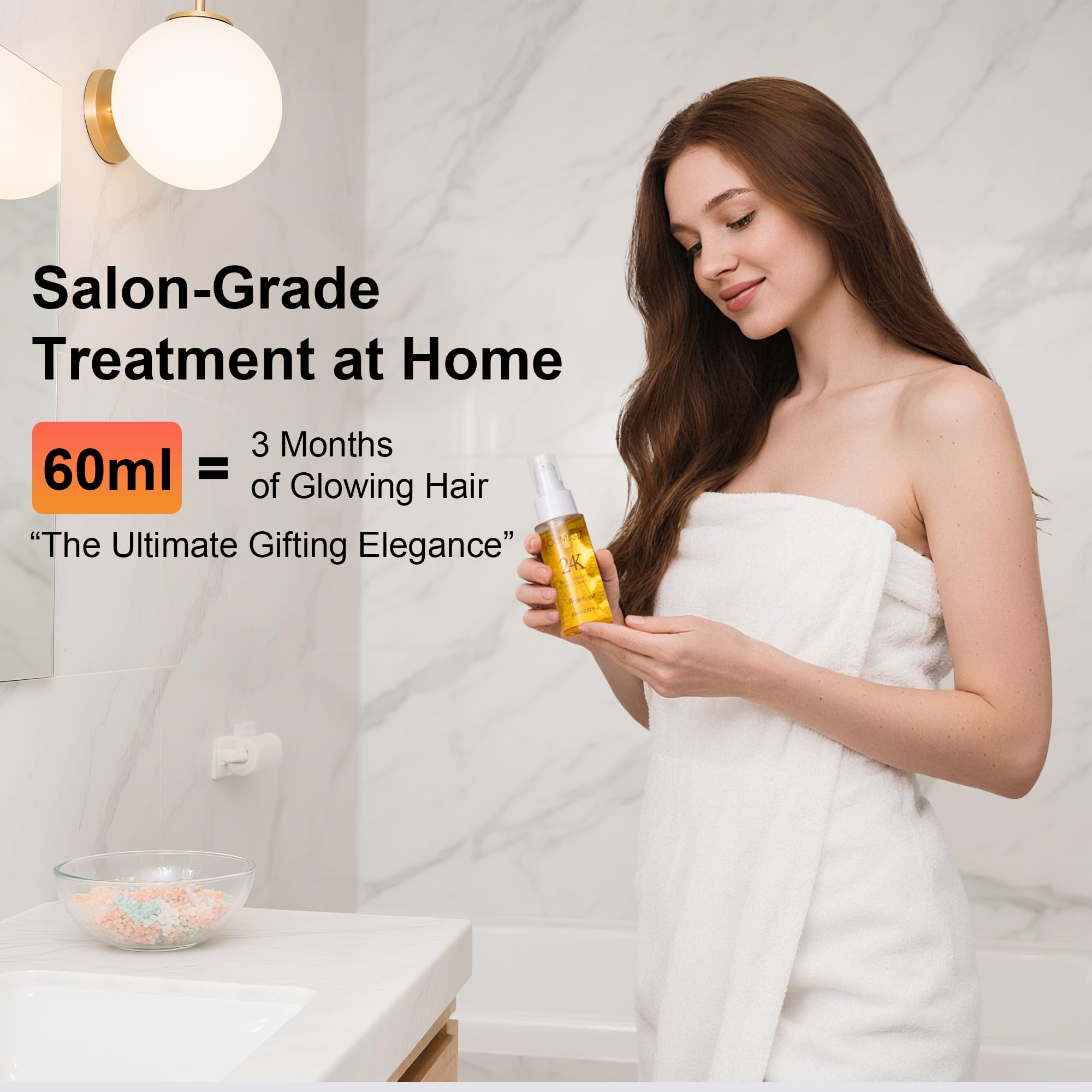 Oumigiz 24K Gold Hair Oil in-use image highlights heat protection benefits.