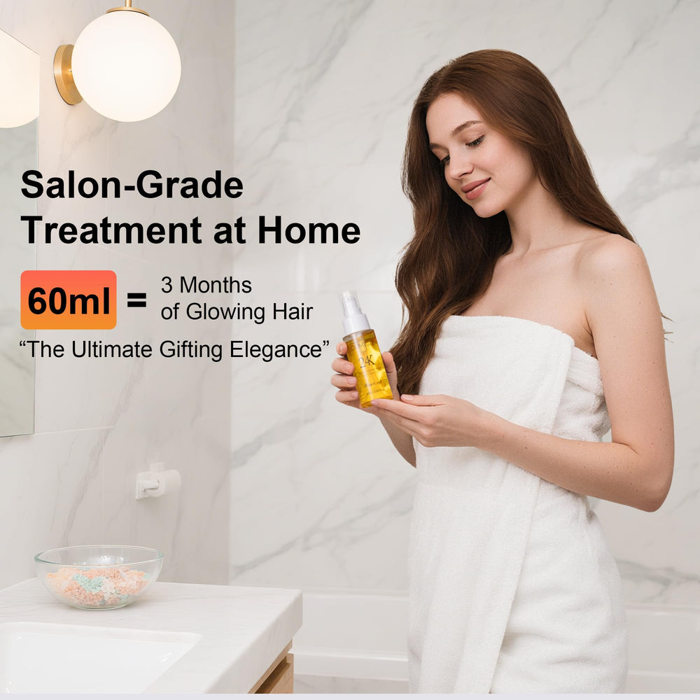 Oumigiz 24K Gold Hair Oil in-use image highlights heat protection benefits.