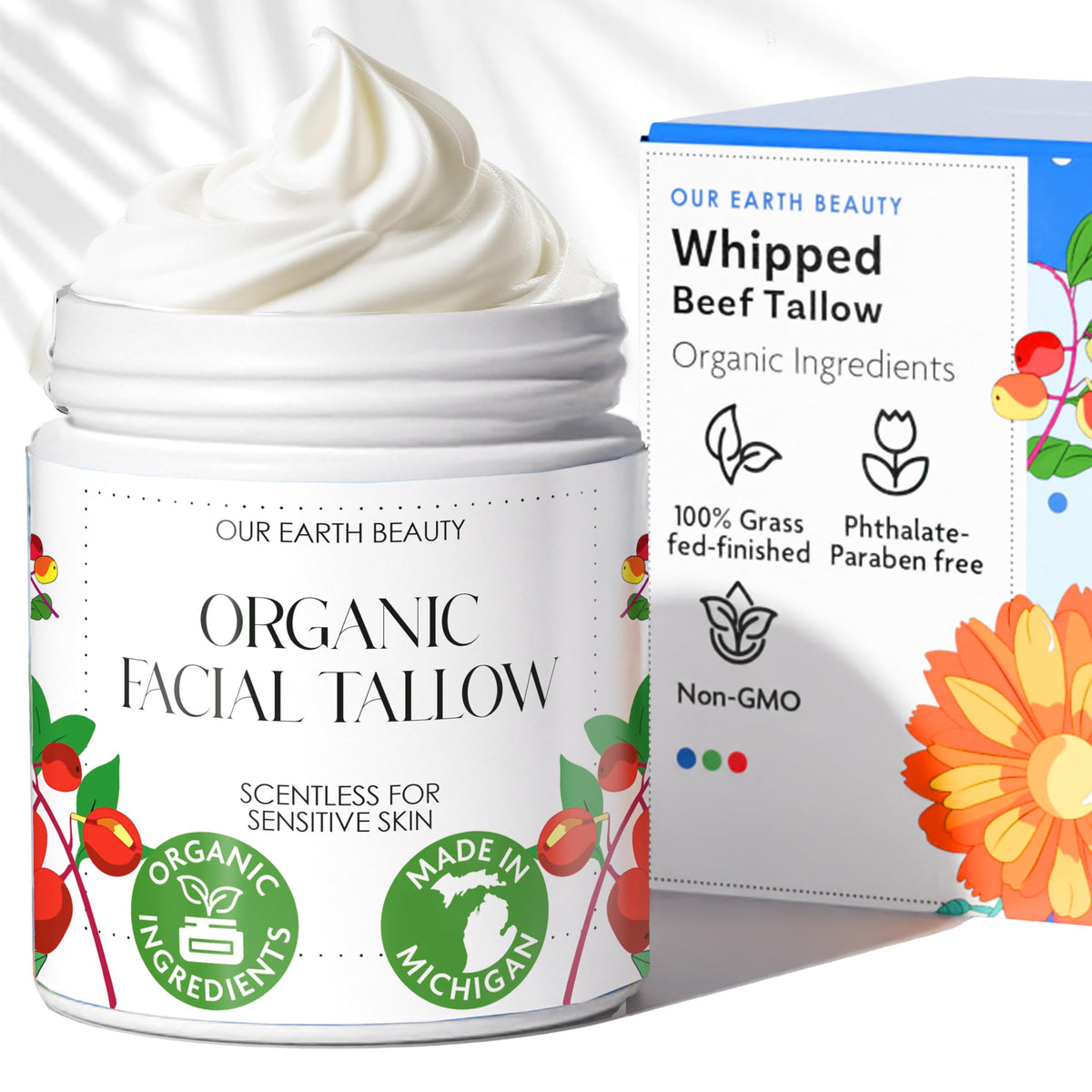 Our Earth Beauty beef tallow face cream bottle shows a light whipped texture for quick absorption