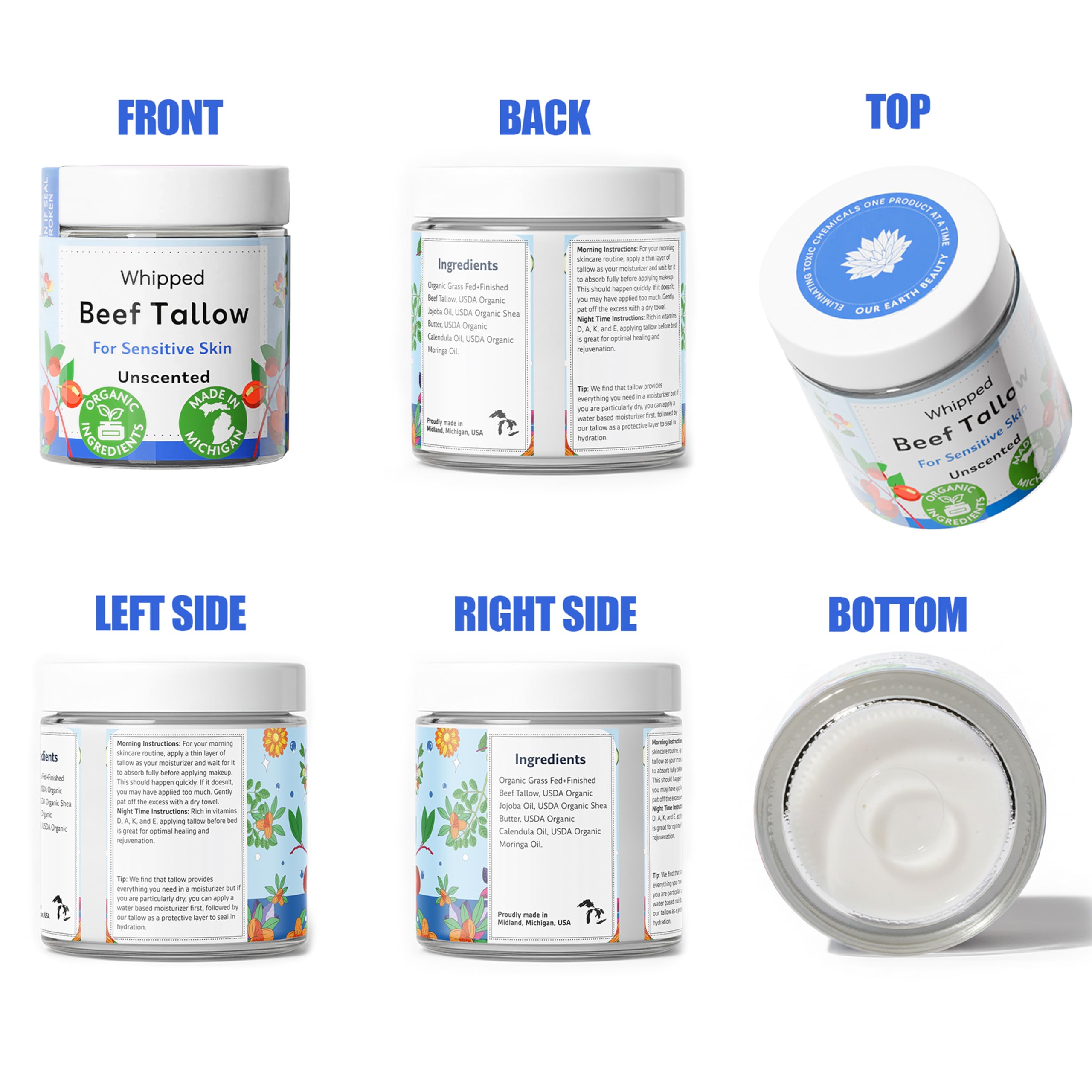 Our Earth Beauty grass fed tallow formula provides a nutrient dense hydration for the face