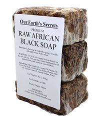 Our Earth's Secrets raw African Black Soap bar with premium natural ingredients.
