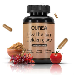 Ourea Golden Glow bottle with capsules promoting a healthy-looking skin tone.