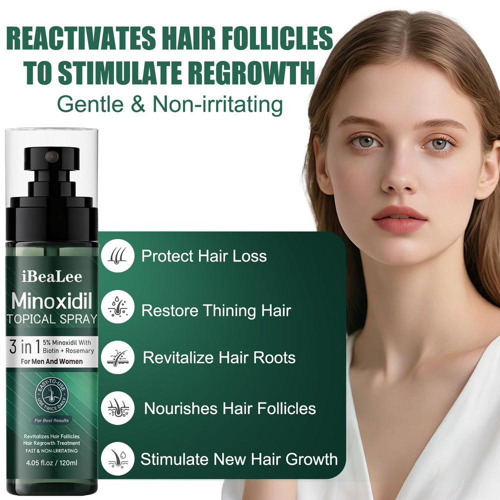 OURMUST Minoxidil spray mist mid-application on scalp for even coverage.