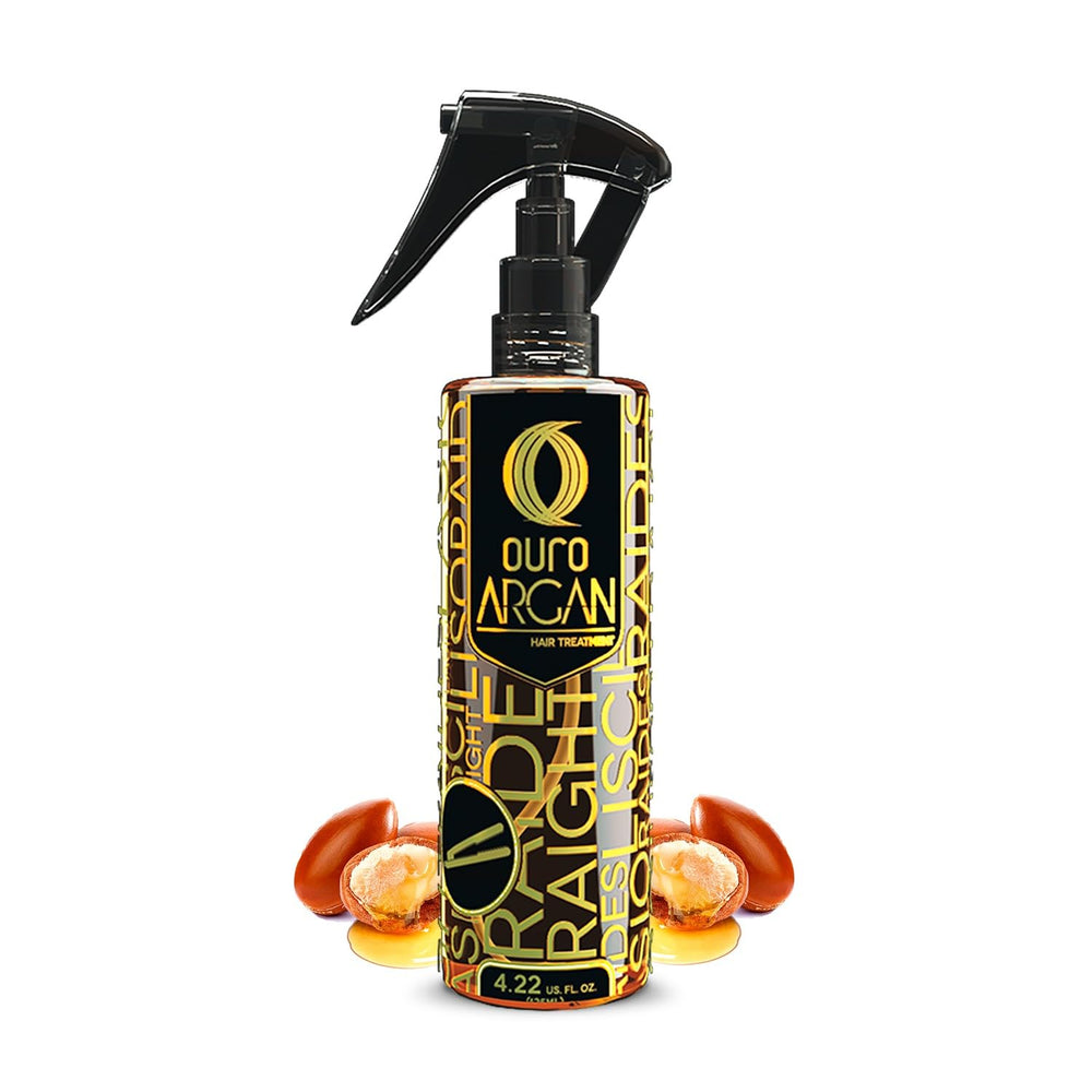OURO Argan Oil bottle close-up showing pure hydration for hair.