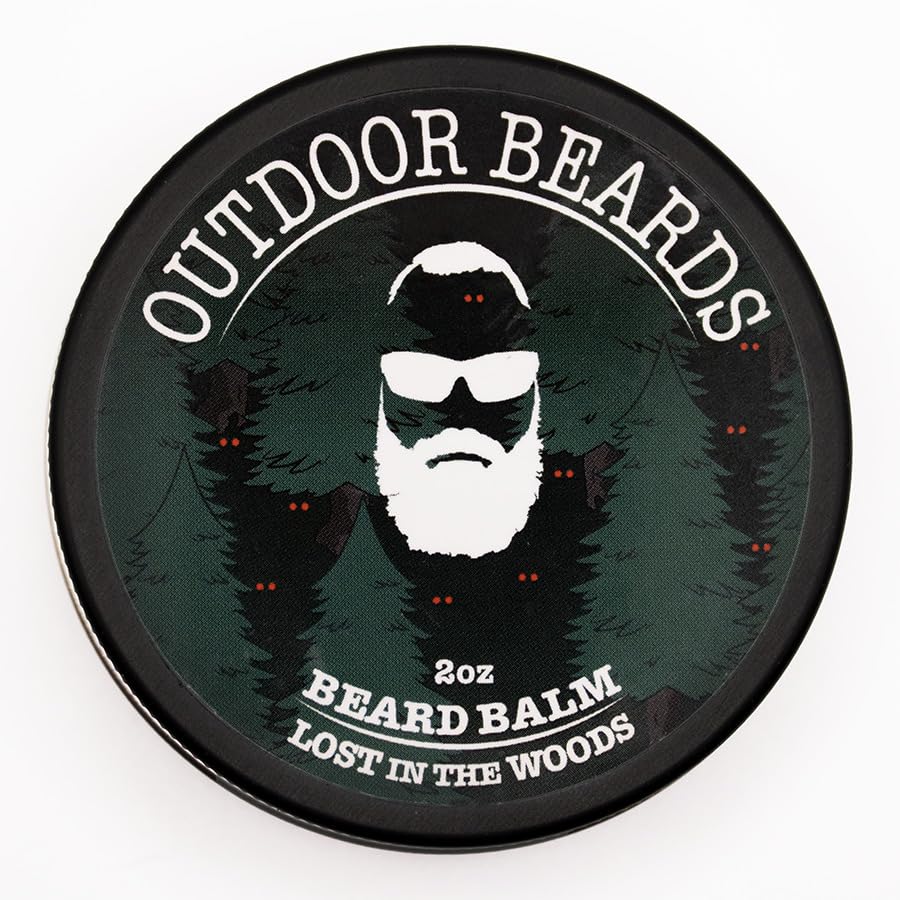 Outdoor Beards Beard Balm bottle close-up shows creamy texture for nourished beard and skin.