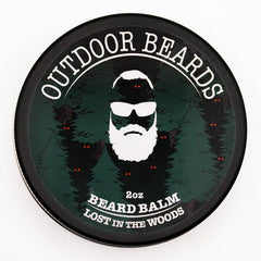 Outdoor Beards Beard Balm bottle close-up shows creamy texture for nourished beard and skin.