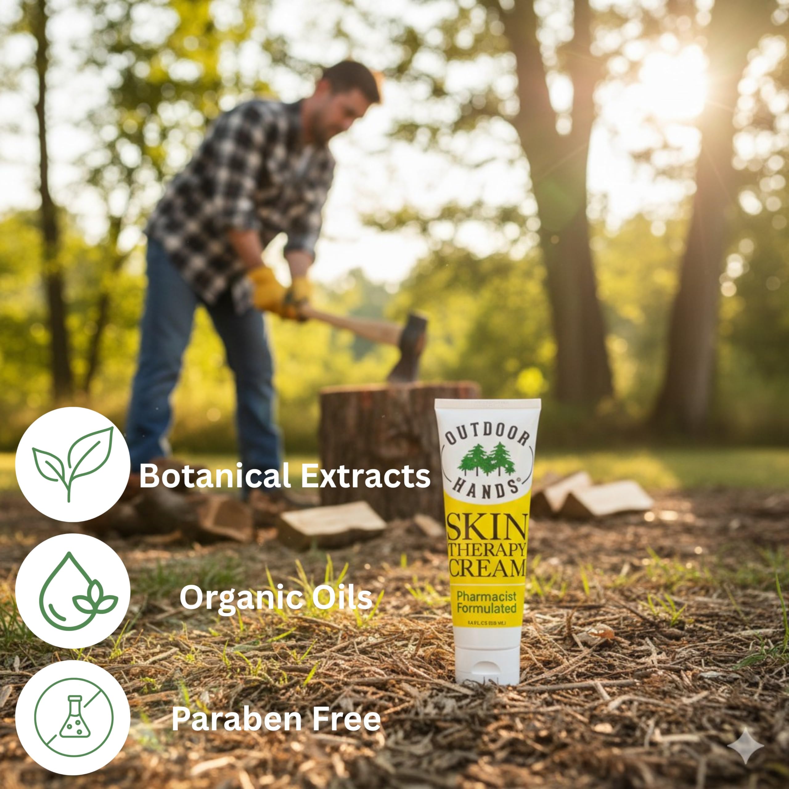 Outdoor Hands Skin Therapy Cream application shows gentle nourishment after work.