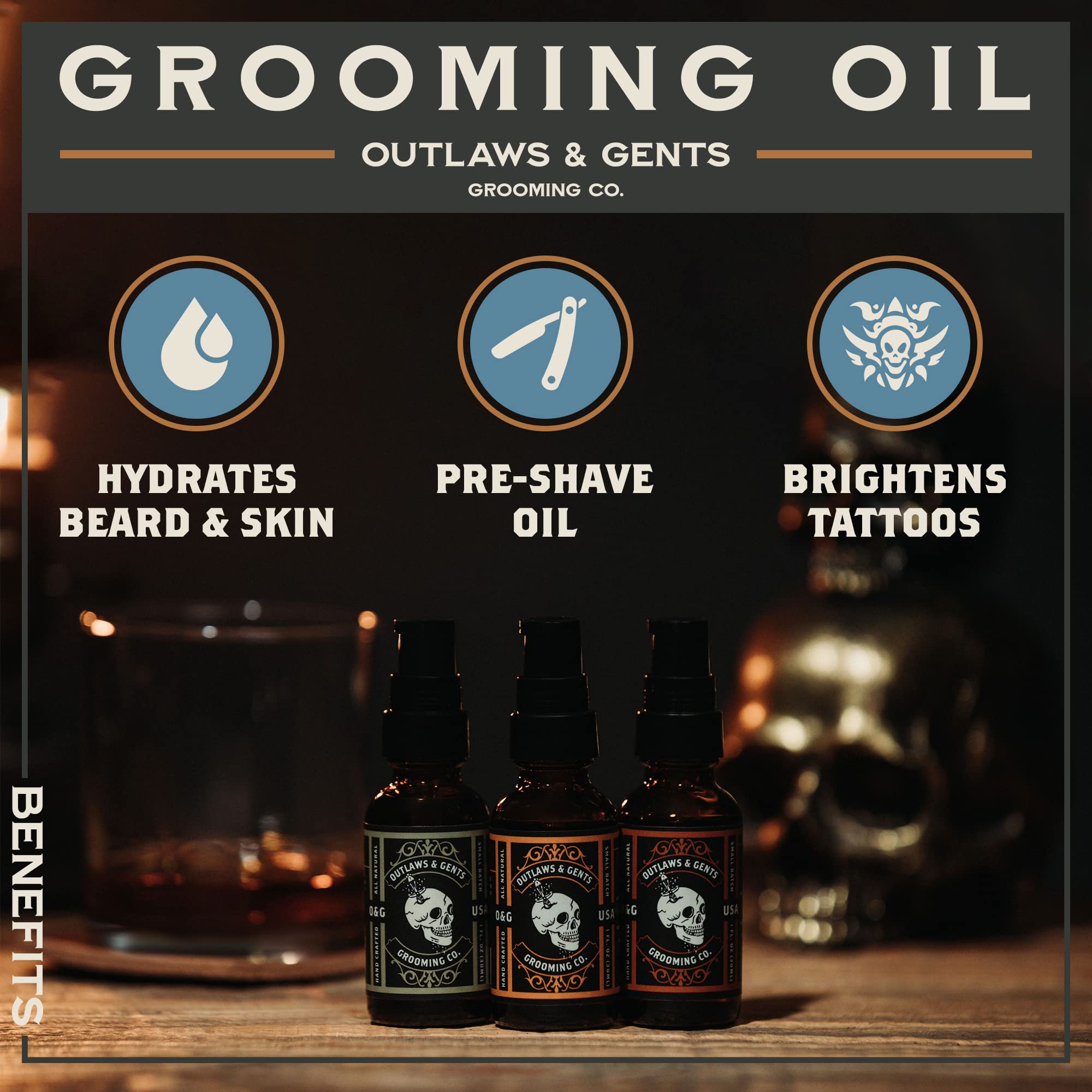 Outlaws & Gents Grooming Co grooming oil softens beard for a healthy shine and tame.