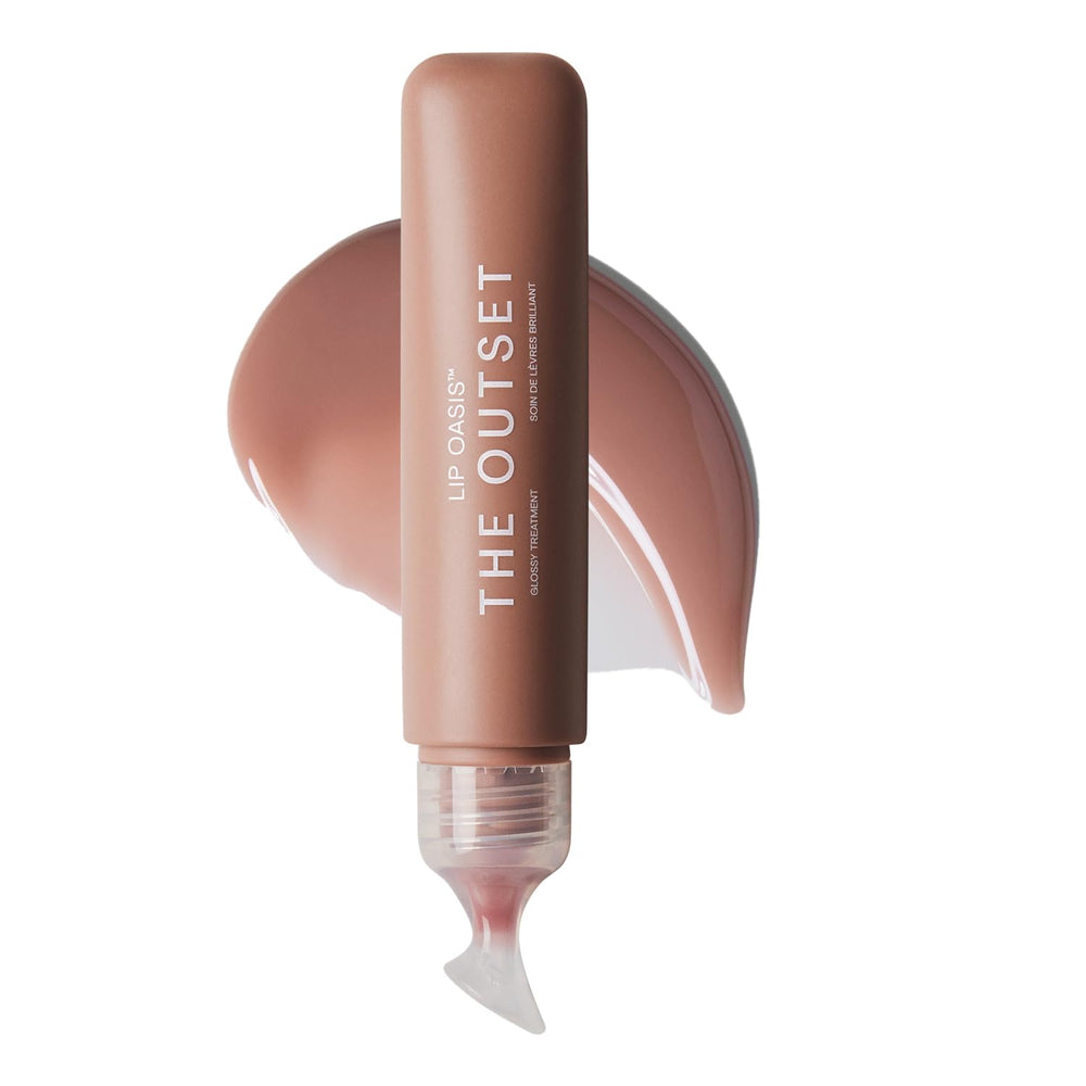 The Outset Lip Oasis Glossy Treatment bottle for hydration and lasting shine.
