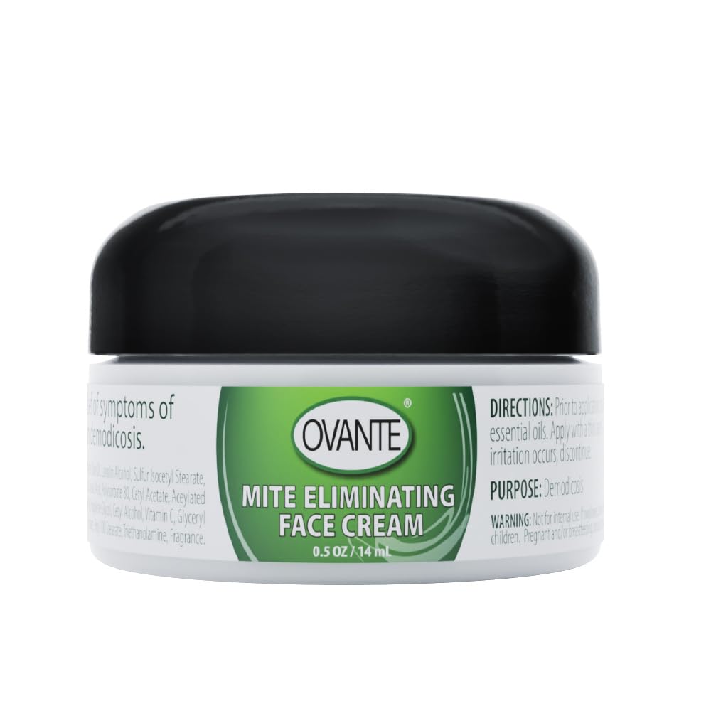 OVANTE Demodex Mite Eliminating Facial Cream jar with soothing tea tree oil for gentle skin care