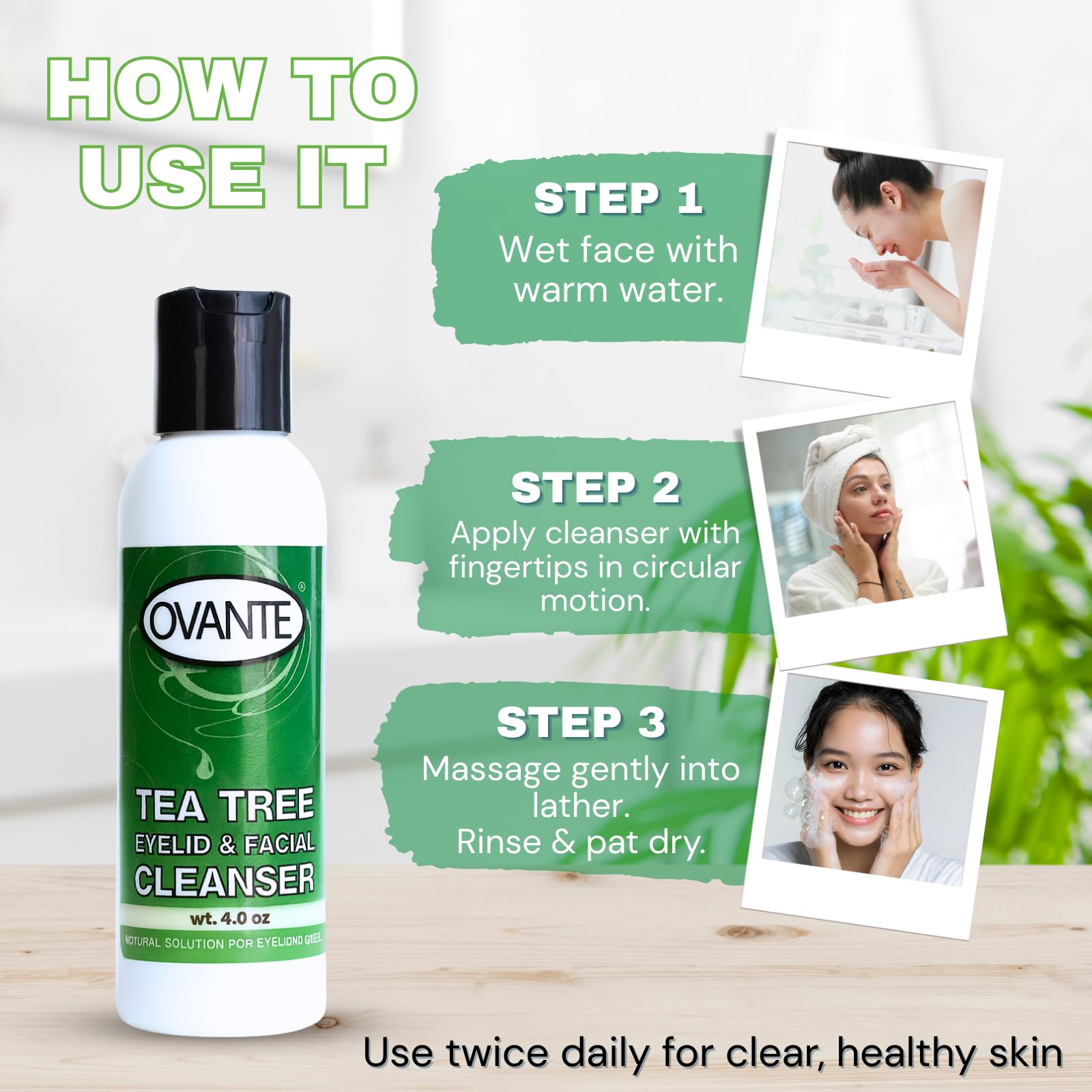 OVANTE Tea Tree Facial Wash lather action for cleaned, refreshed skin after workouts.