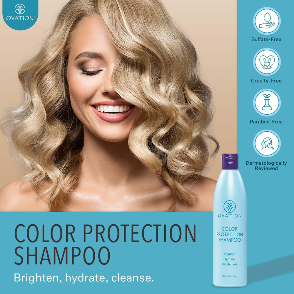 Ovation Color Protection Shampoo ingredients close-up with avocado and rice bran oils
