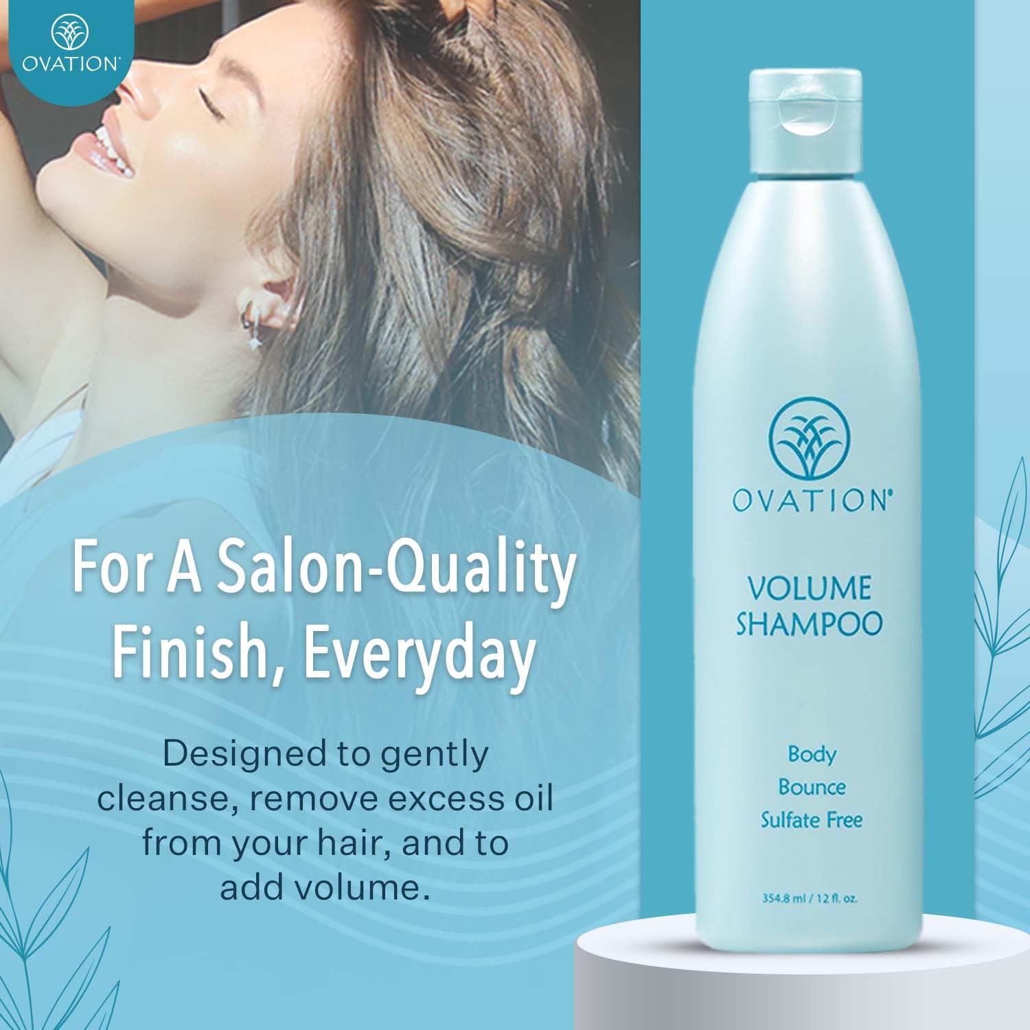 Ovation Hair Volume Shampoo ingredient list features fenugreek and aloe vera.