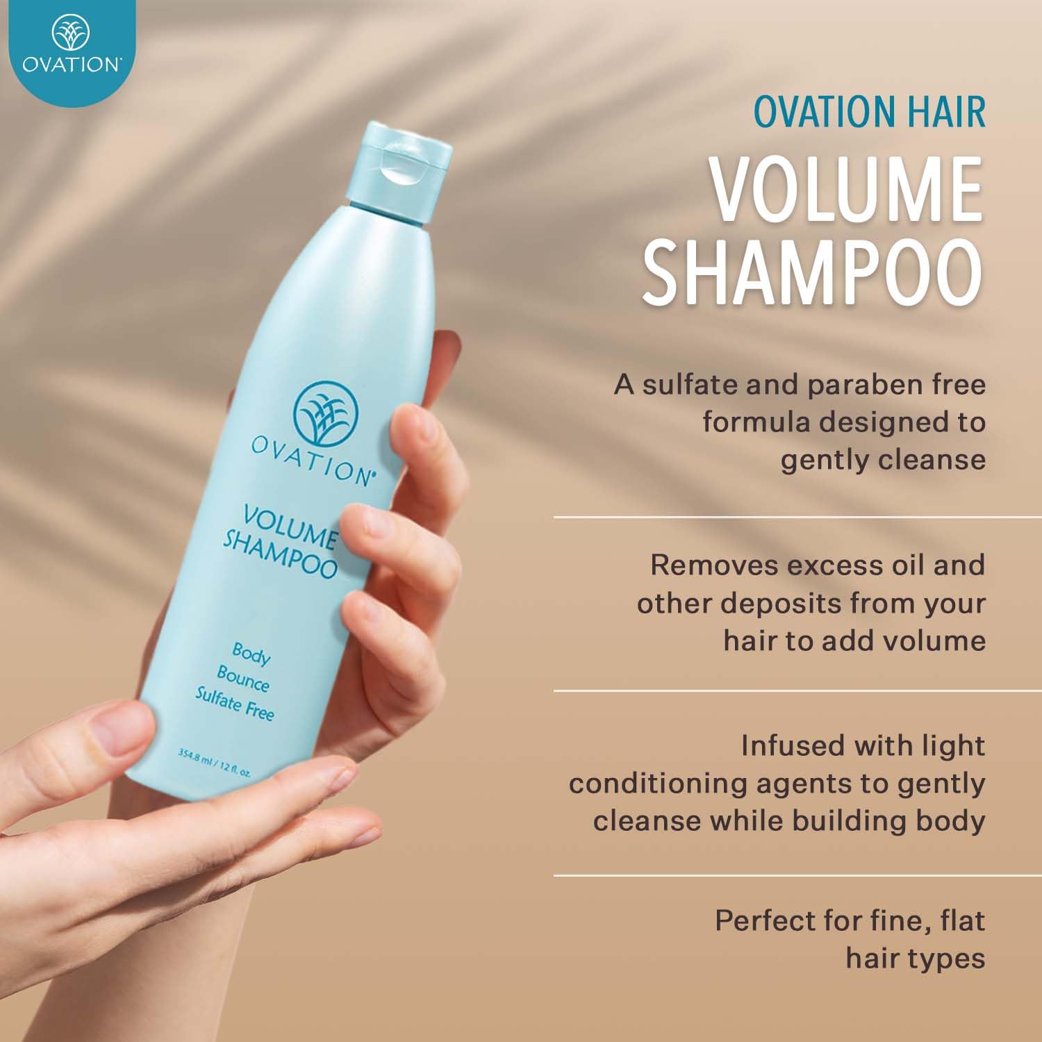Ovation Hair Volume Shampoo packaging claims sulfate- and paraben-free formula.