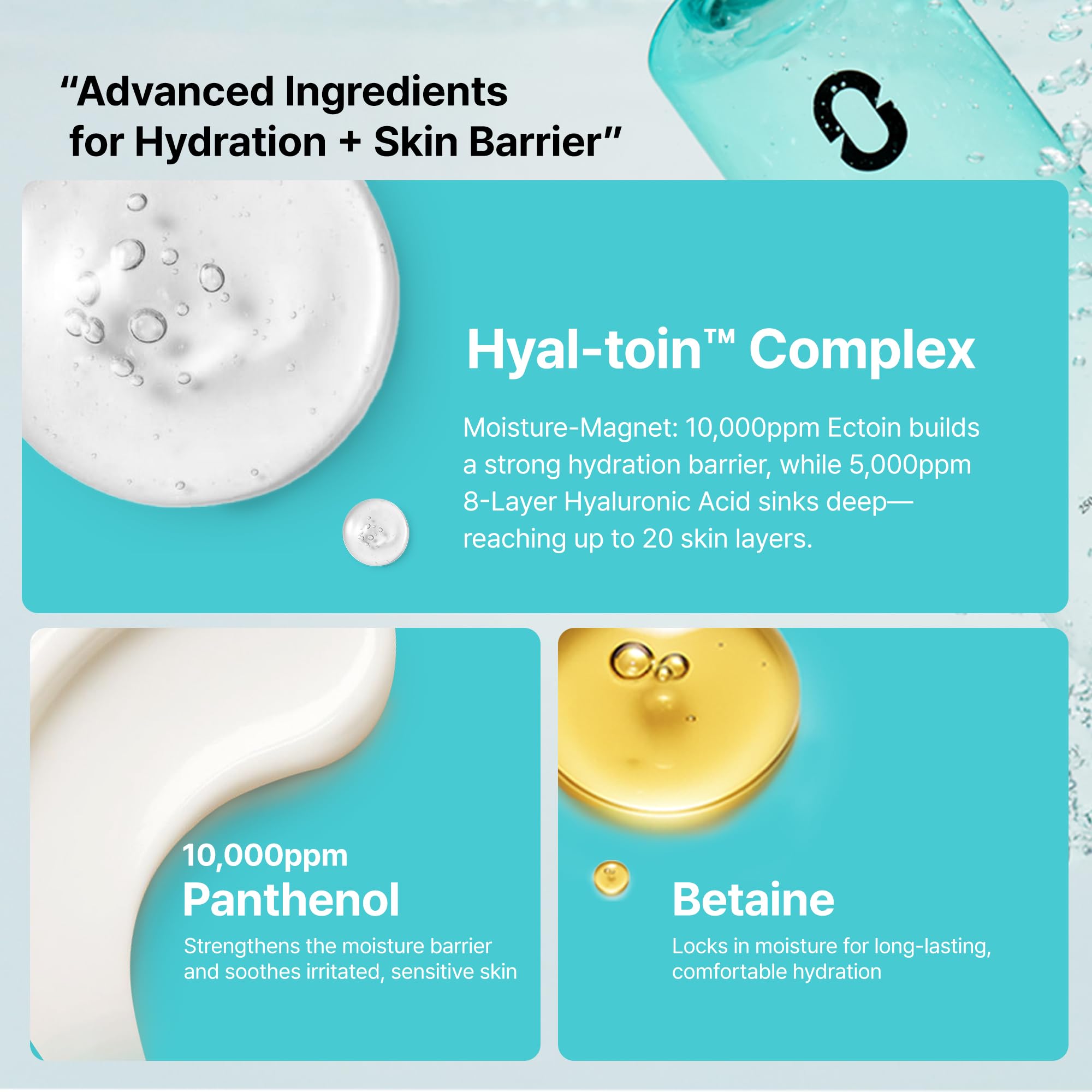 Ingredients label highlights Hyaltoin, Panthenol, Betaine for hydration.