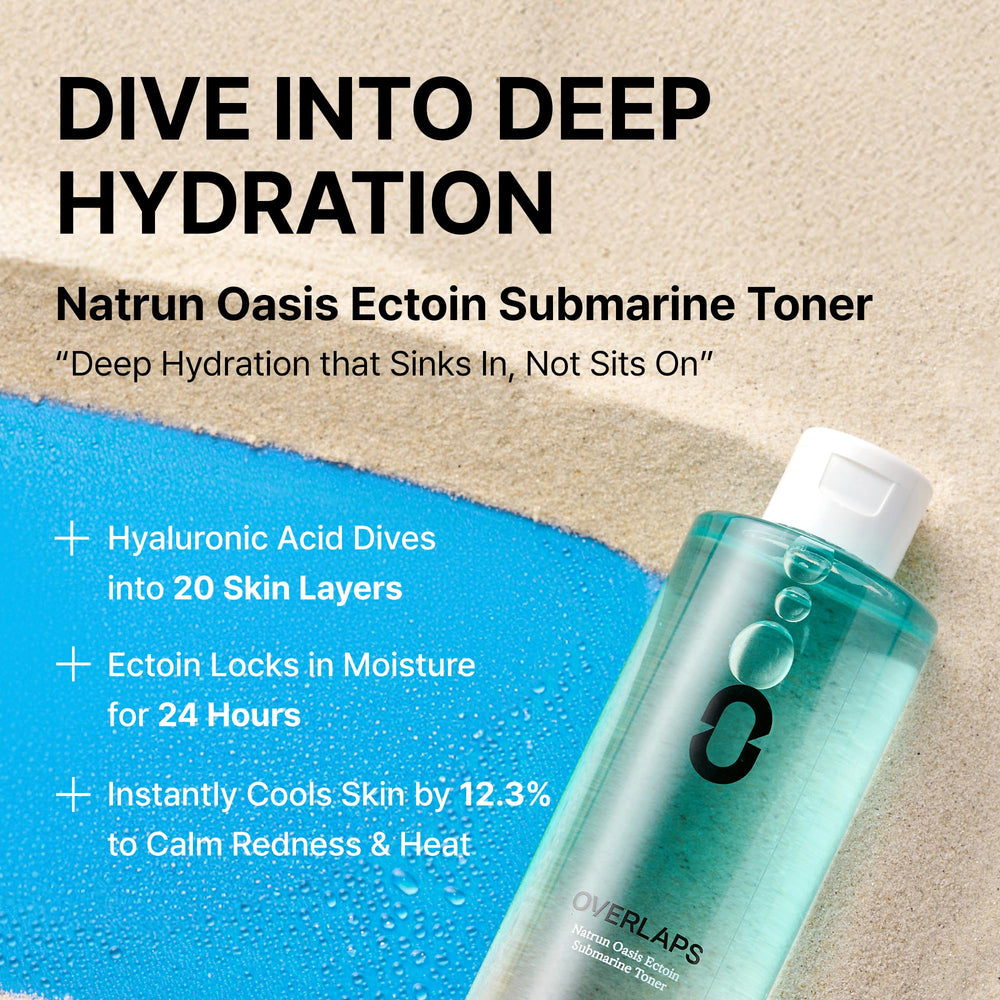 Overlaps Natrun Oasis Ectoin Toner pump dispenser close-up.