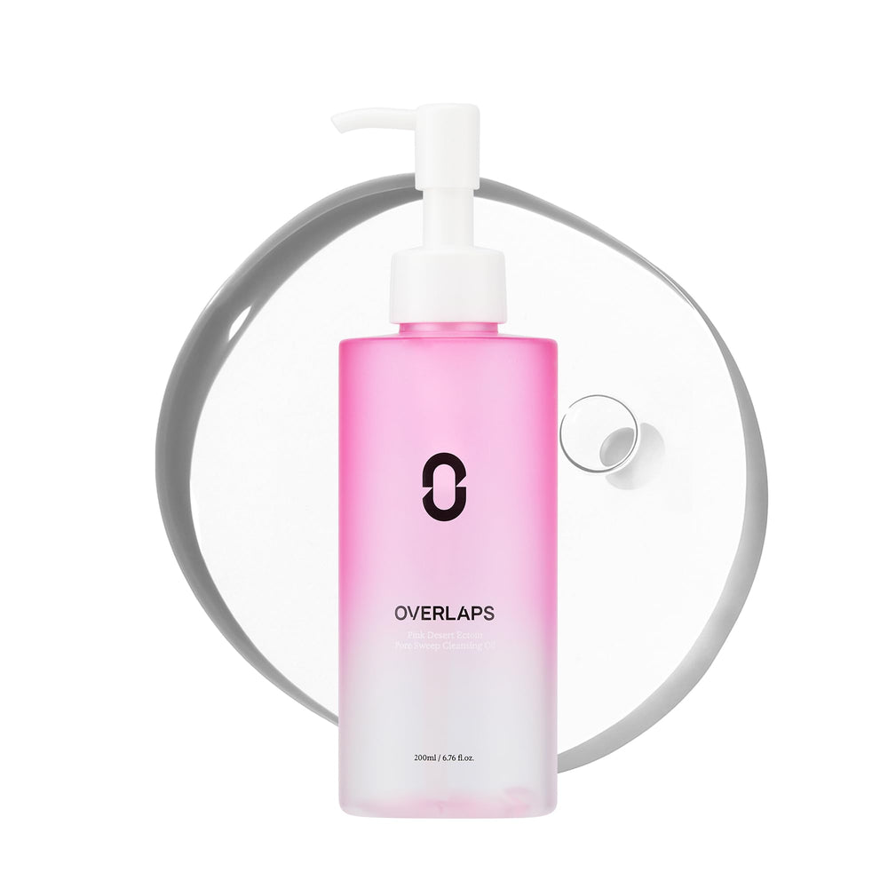 Overlaps Pink Desert Ectoin Cleansing Oil bottle close-up showing makeup removal benefits