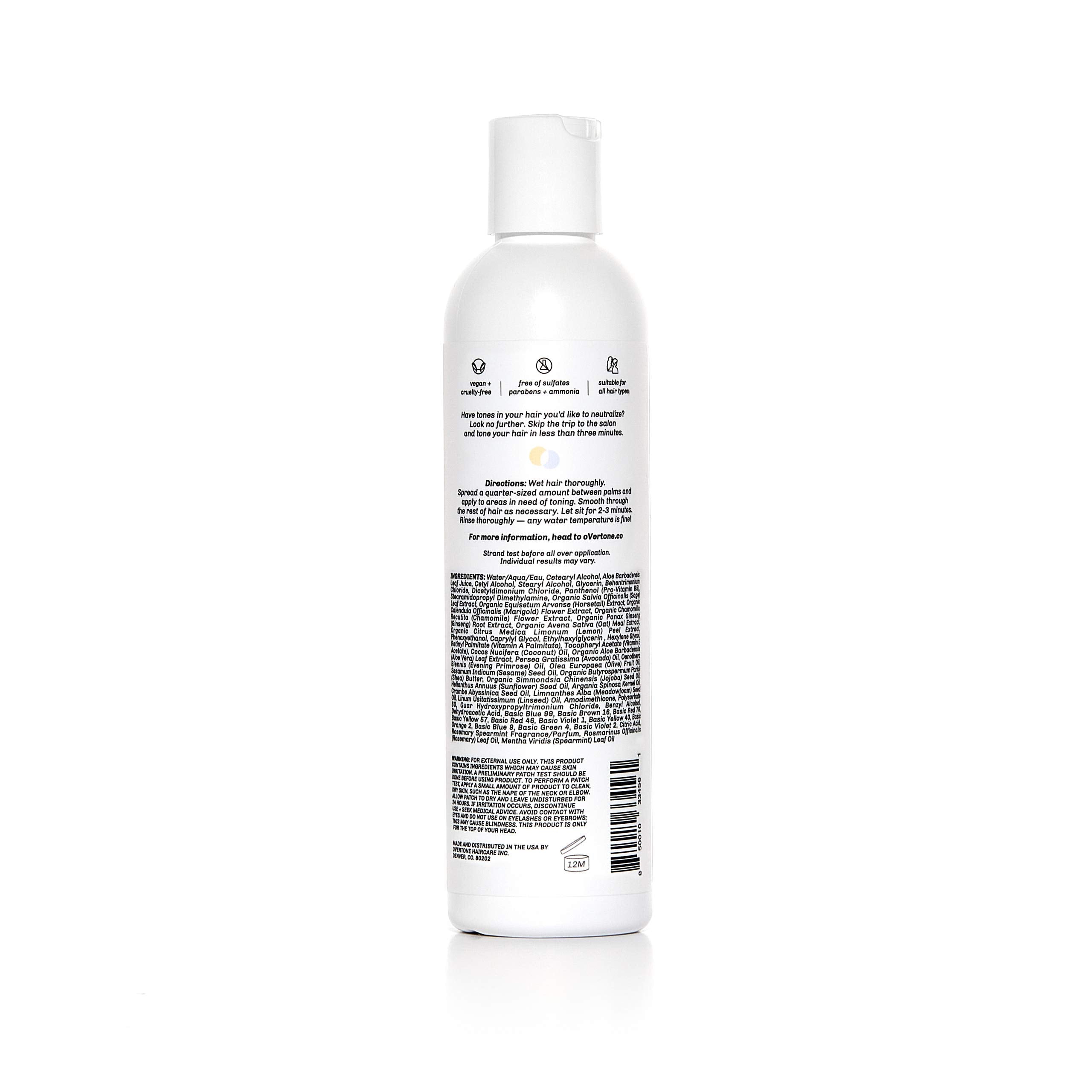 Close-up of the conditioner label highlights blue toning to reduce brassiness