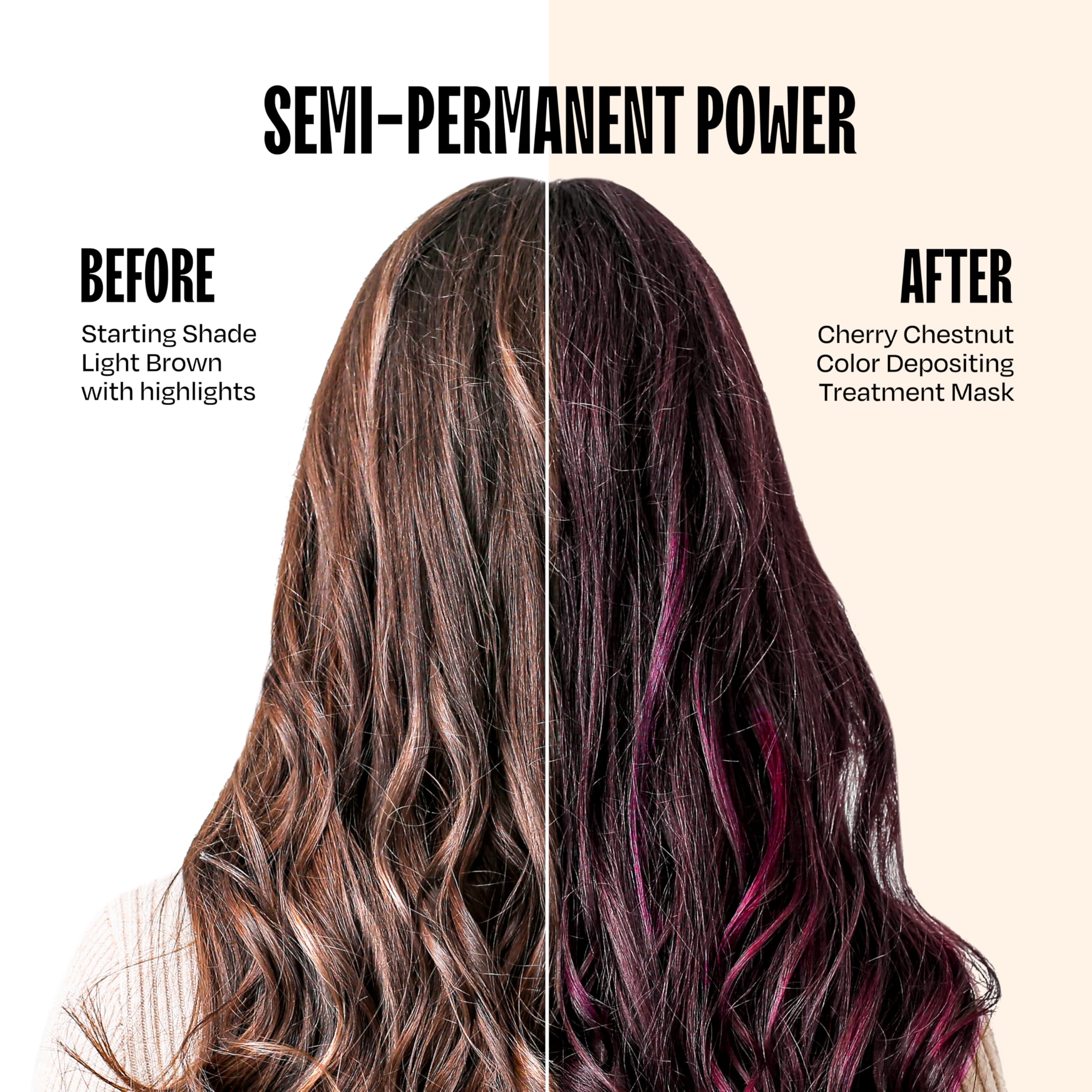 oVertone Cherry Chestnut hair mask application showing color deposit in progress