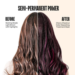 oVertone Cherry Chestnut hair mask application showing color deposit in progress