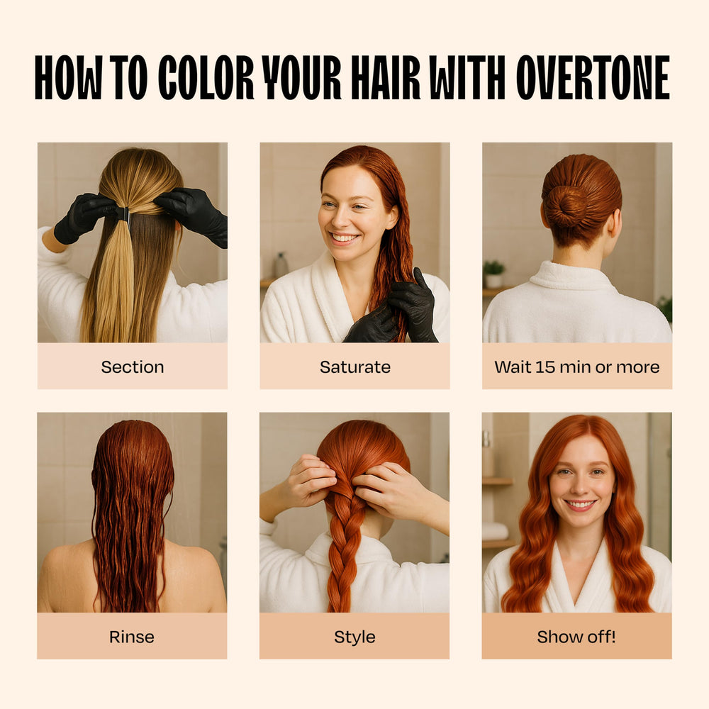 Overtone color-depositing mask on hair demonstrates buildable coverage.
