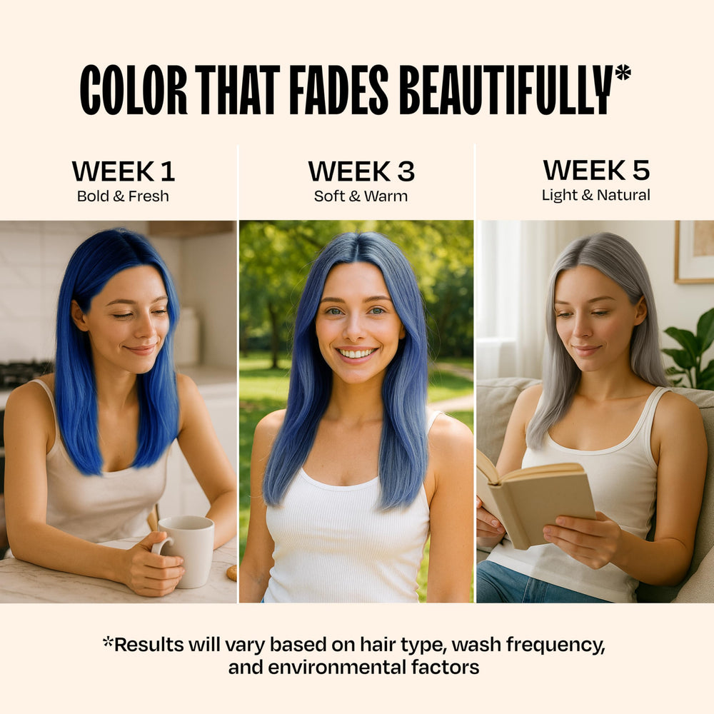 overtone cosmic cobalt swatch on light hair demonstrates pastel color effect.
