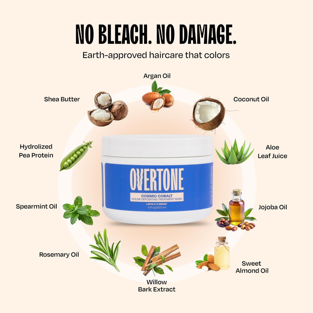 overtone cosmic cobalt swatch on brown hair demonstrates vibrant color depth.