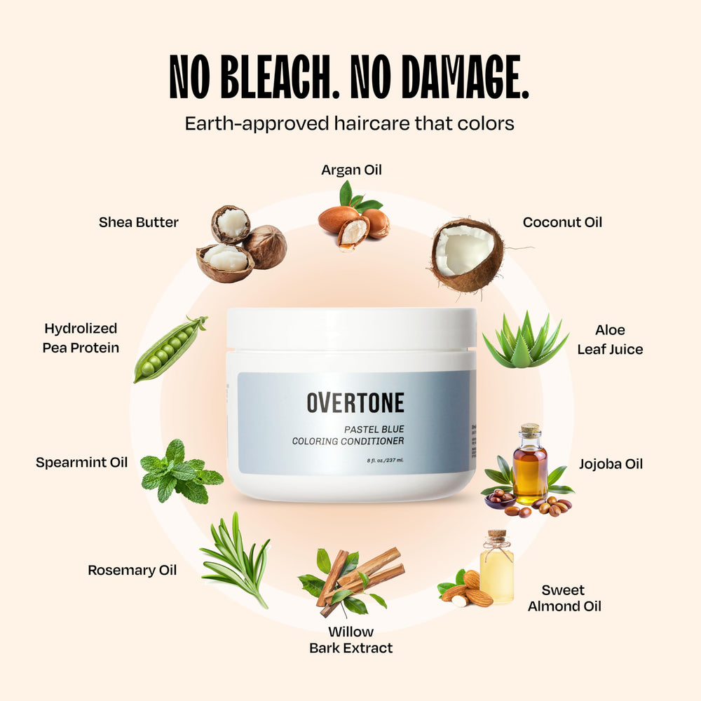 Overtone Glacier Mist held in palm showcases easy 10–15 minute application.