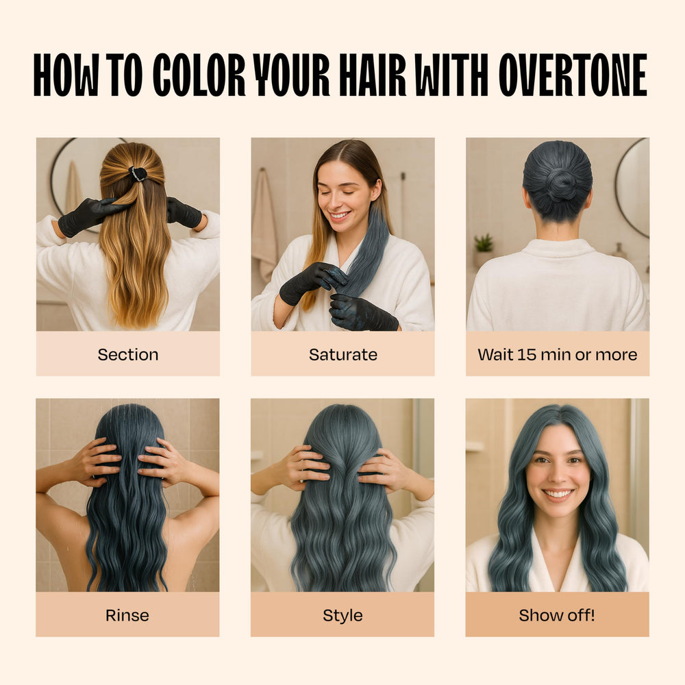 Overtone Glacier Mist bottle beside timer hints practical home color routine.