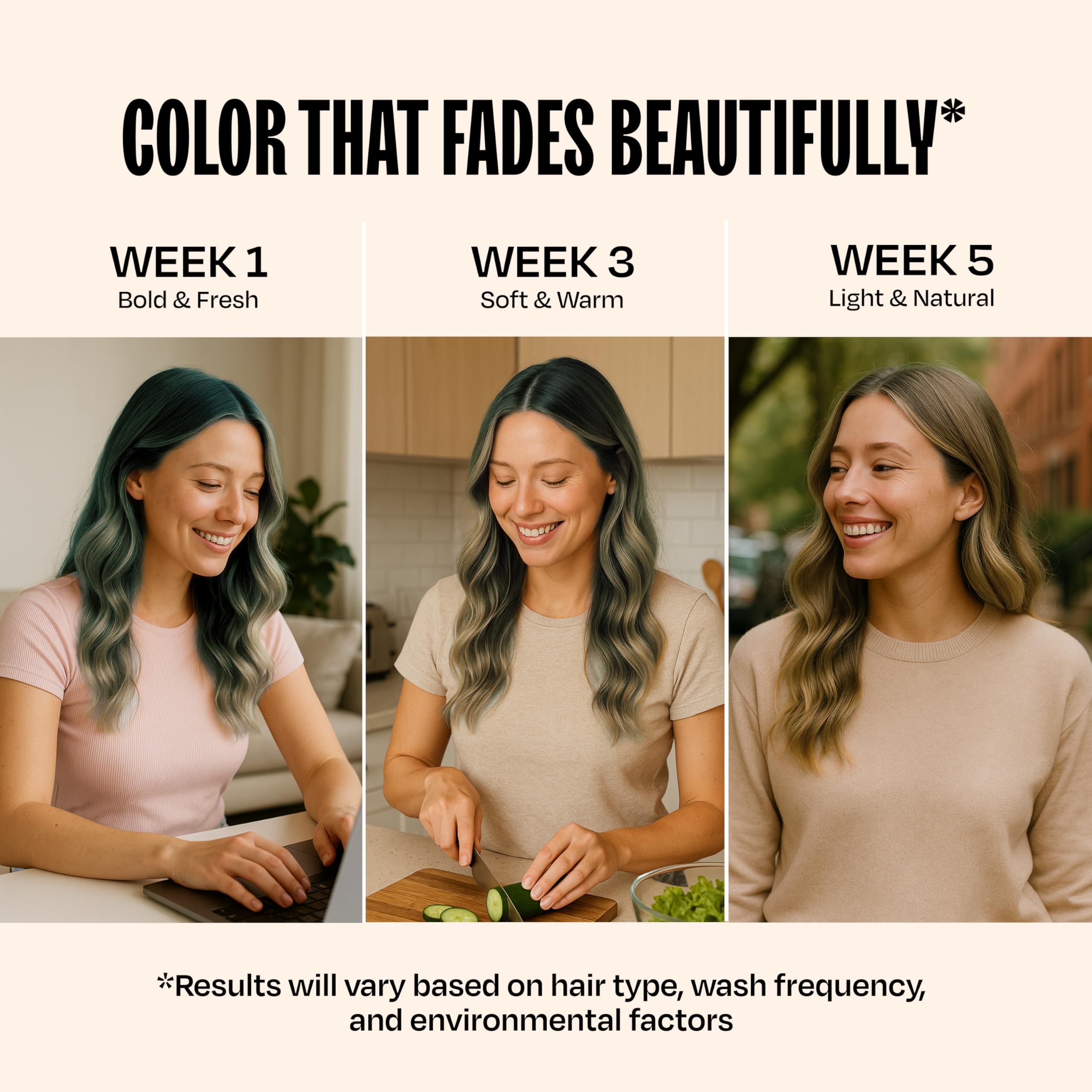 Overtone Glacier Mist color conditioner on hair swatch signals salon-quality results at home.