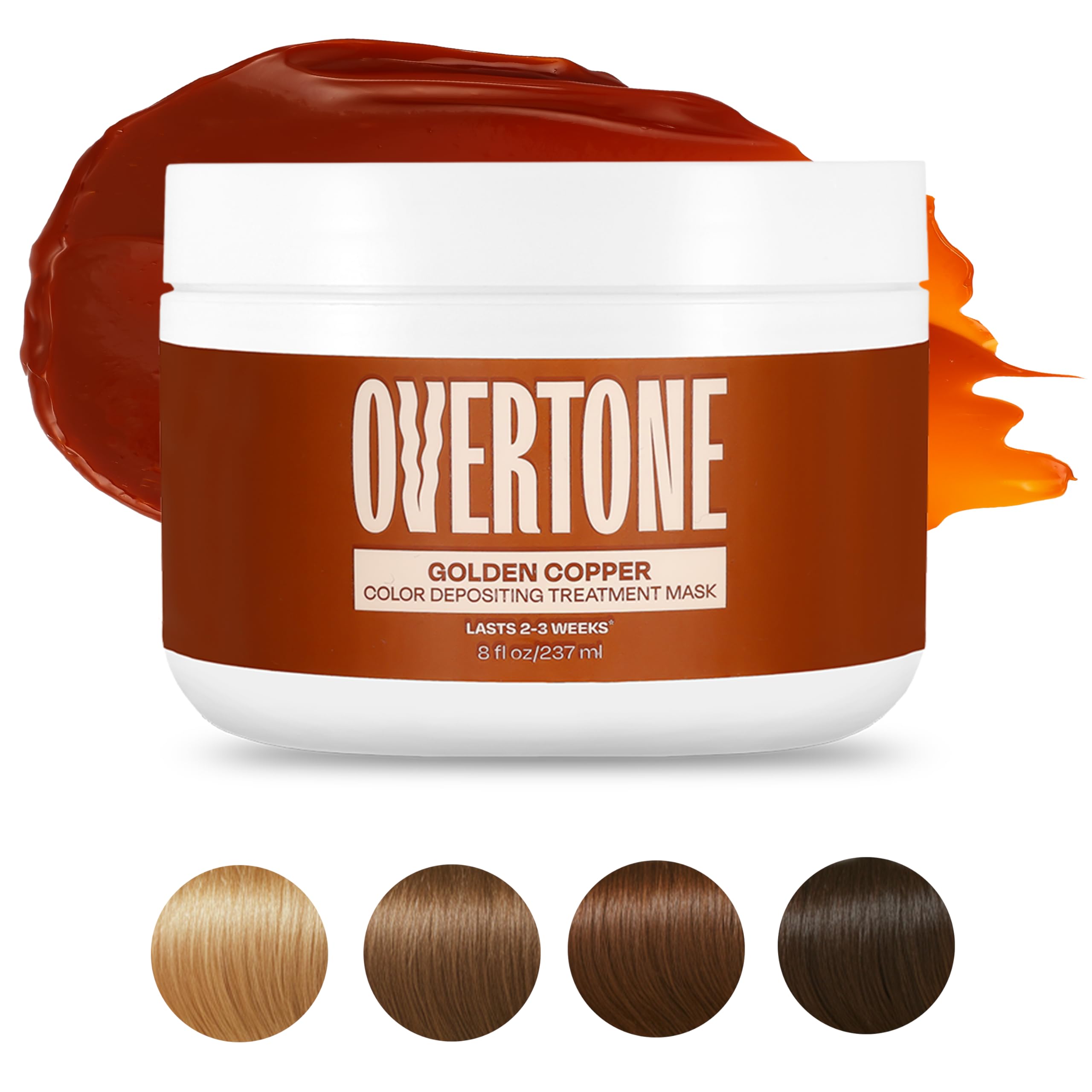Overtone Golden Copper color-conditioner application shows quick 10–15 minute treatment at home.