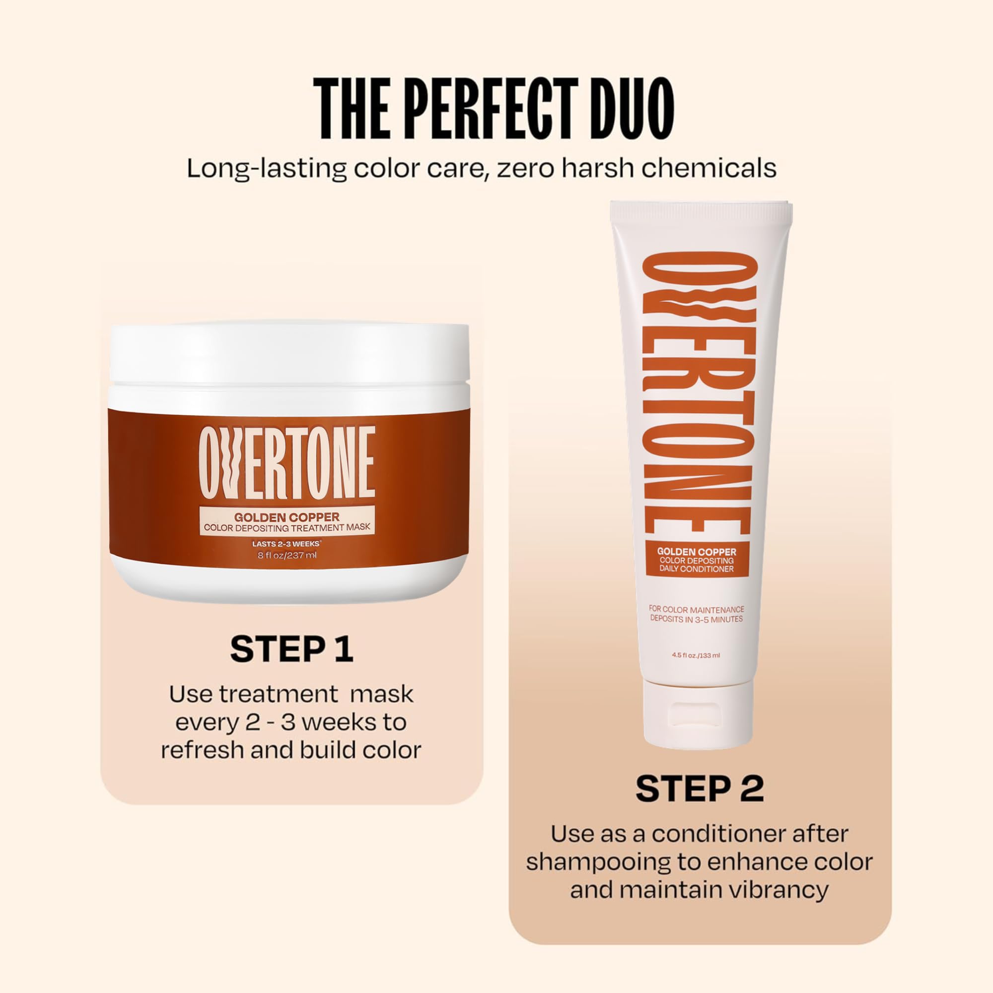 Overtone Golden Copper hair-glow after use promises nourished shine.
